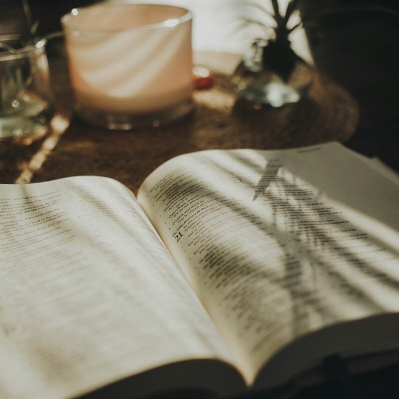 a person is reading a book on a table
